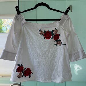 White Embroidered Off-Shoulder Top – Size M